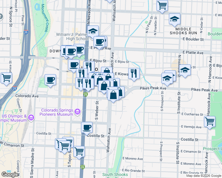 map of restaurants, bars, coffee shops, grocery stores, and more near in Colorado Springs