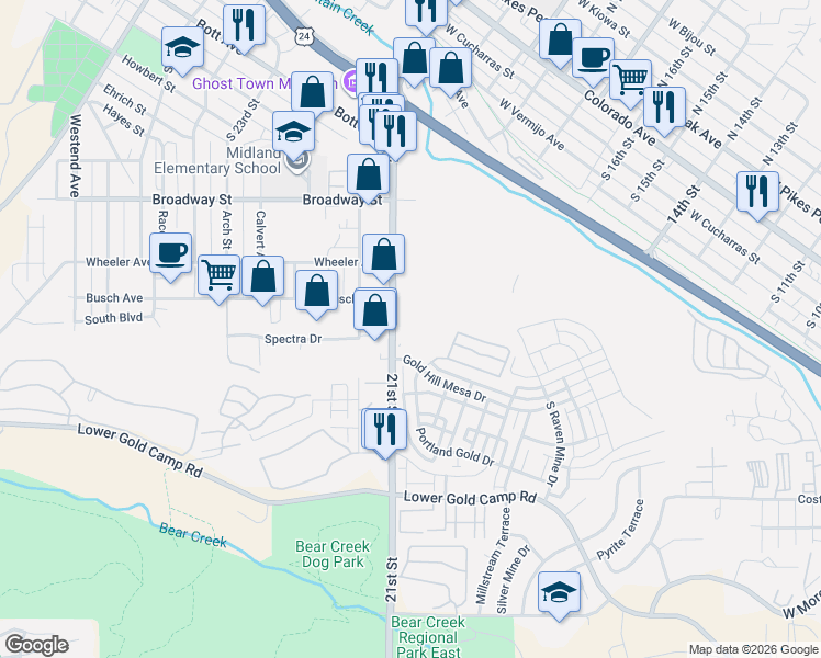 map of restaurants, bars, coffee shops, grocery stores, and more near 1389-1399 S 21st St in Colorado Springs