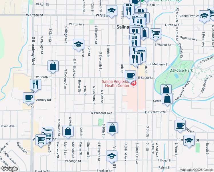 map of restaurants, bars, coffee shops, grocery stores, and more near 425 South 10th Street in Salina