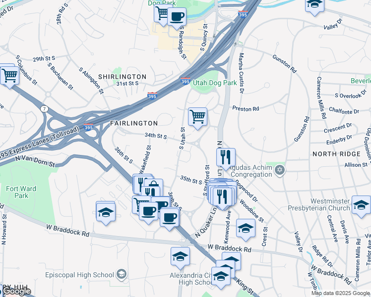map of restaurants, bars, coffee shops, grocery stores, and more near 3409 South Utah Street in Arlington