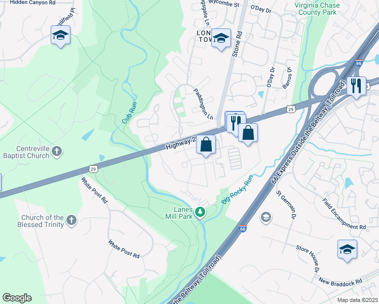 map of restaurants, bars, coffee shops, grocery stores, and more near 14825 Bolton Road in Centreville