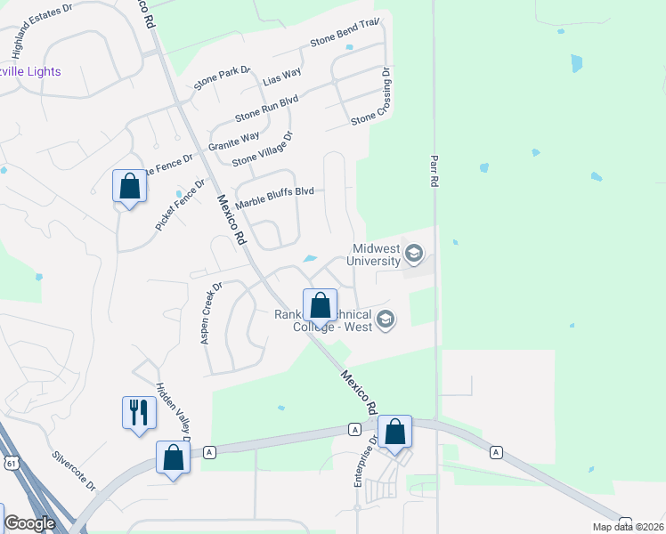 map of restaurants, bars, coffee shops, grocery stores, and more near 205 Brookstone Creek Drive in Wentzville