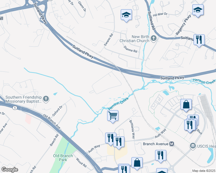 map of restaurants, bars, coffee shops, grocery stores, and more near 5002 Meadowbrook Drive in Suitland-Silver Hill