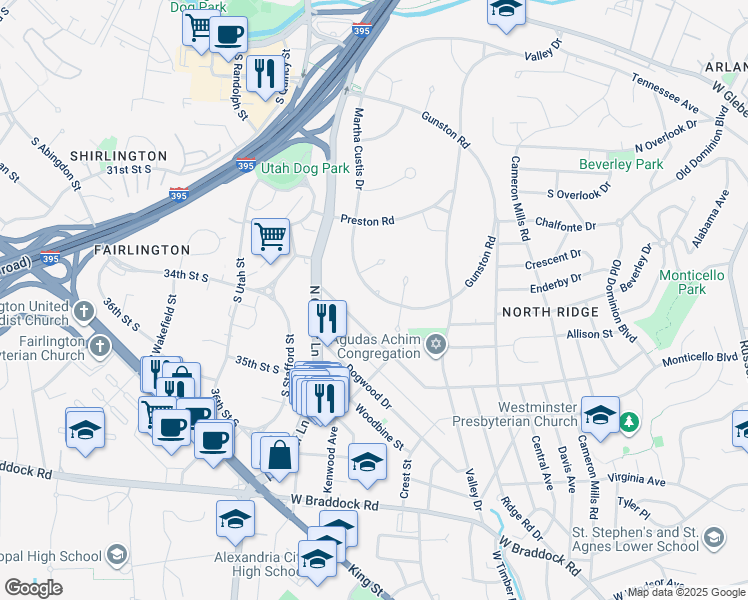 map of restaurants, bars, coffee shops, grocery stores, and more near 3212 Martha Custis Drive in Alexandria
