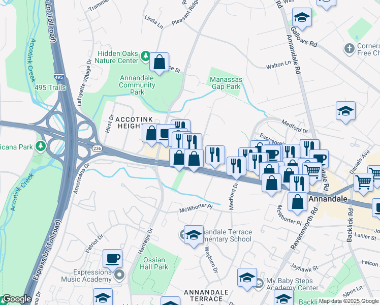 map of restaurants, bars, coffee shops, grocery stores, and more near 4116 Woodland Road in Annandale