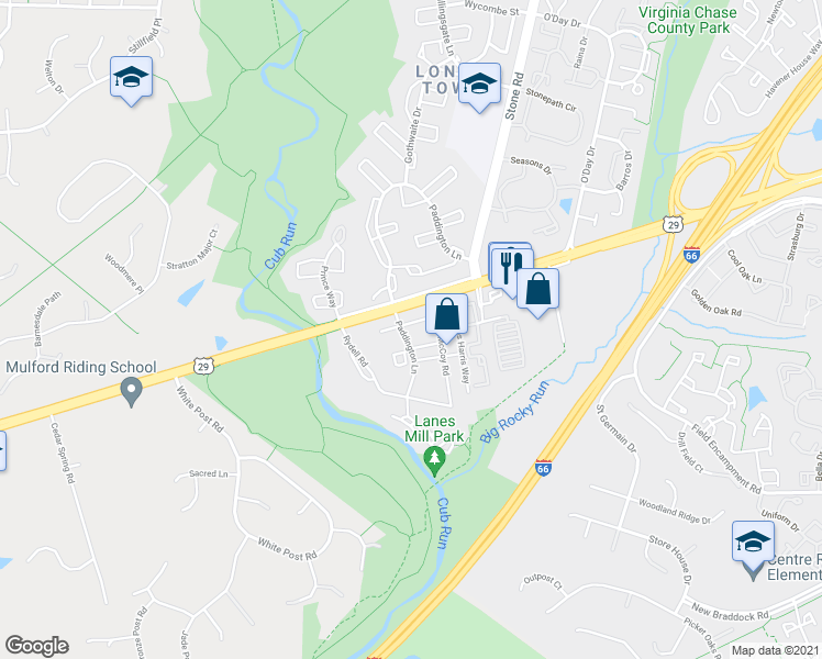 map of restaurants, bars, coffee shops, grocery stores, and more near 14825 Bolton Road in Centreville