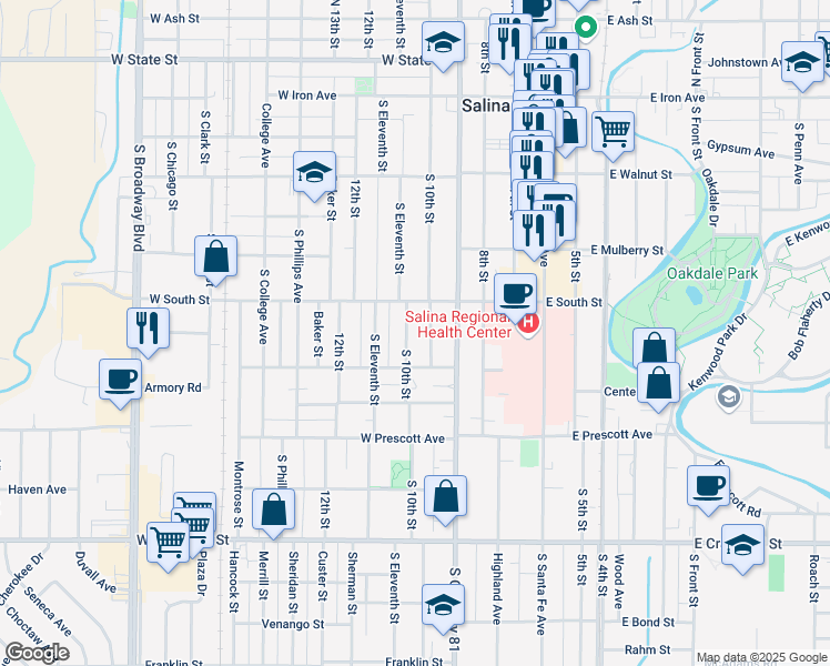 map of restaurants, bars, coffee shops, grocery stores, and more near 425 S 10th St in Salina