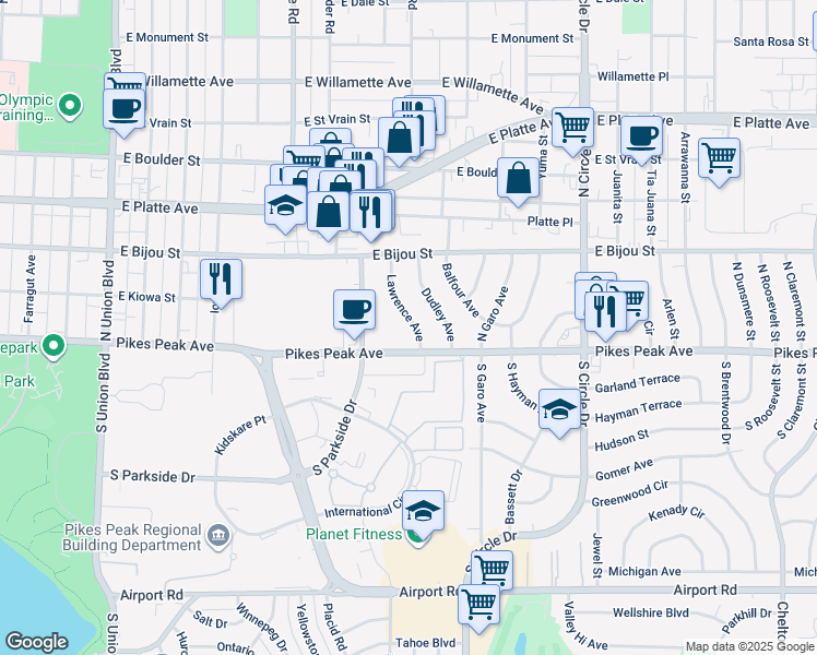 map of restaurants, bars, coffee shops, grocery stores, and more near 14 Lawrence Avenue in Colorado Springs