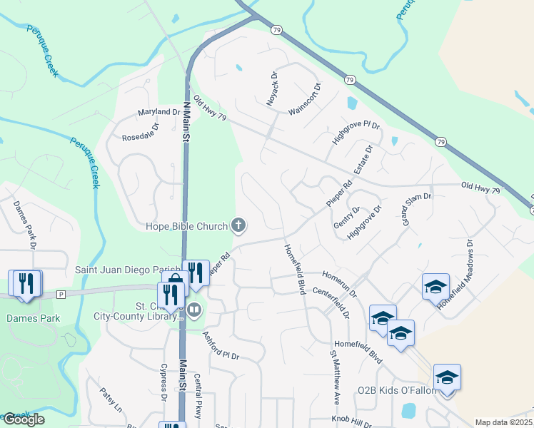 map of restaurants, bars, coffee shops, grocery stores, and more near 114 Courtfield Drive in O'Fallon