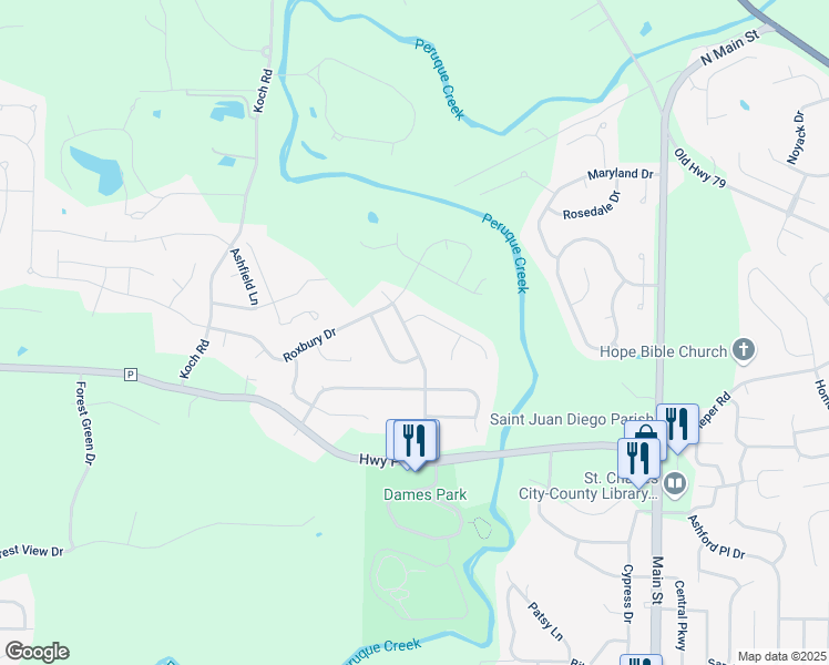 map of restaurants, bars, coffee shops, grocery stores, and more near 450 Dames Park Drive in O'Fallon
