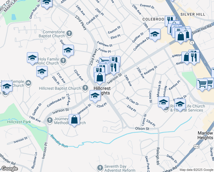 map of restaurants, bars, coffee shops, grocery stores, and more near 2315 Iverson Street in Temple Hills