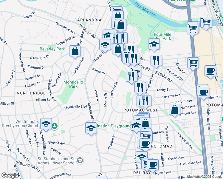 map of restaurants, bars, coffee shops, grocery stores, and more near 3008 Landover Street in Alexandria