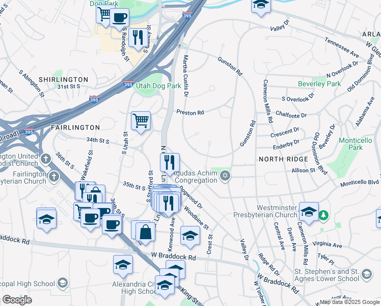 map of restaurants, bars, coffee shops, grocery stores, and more near 3230 Martha Custis Drive in Alexandria