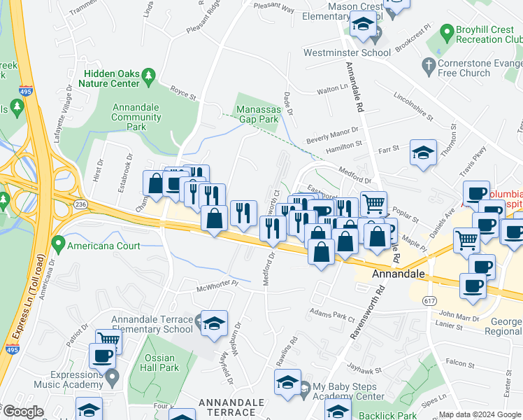 map of restaurants, bars, coffee shops, grocery stores, and more near 4204 Wadsworth Court in Annandale