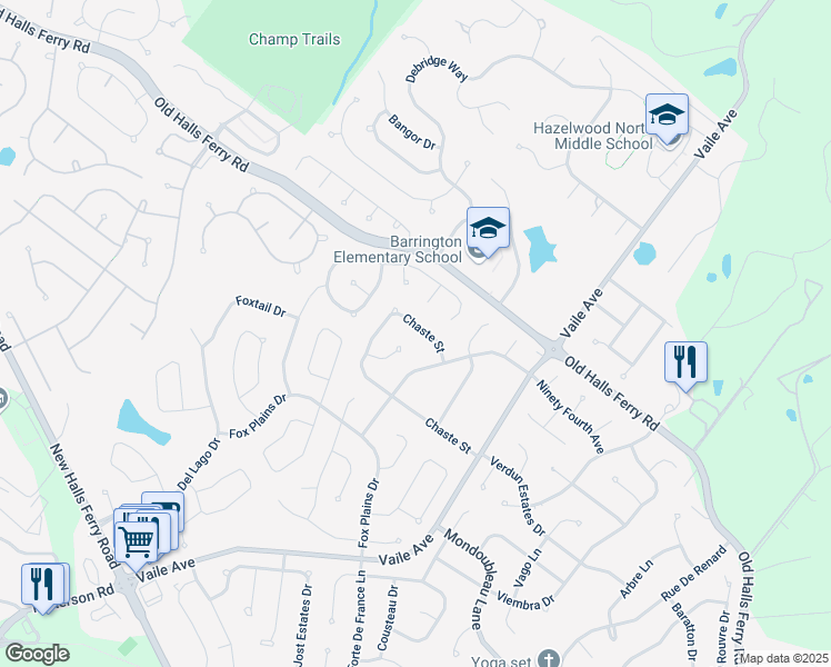 map of restaurants, bars, coffee shops, grocery stores, and more near 4233 Chaste Street in Florissant