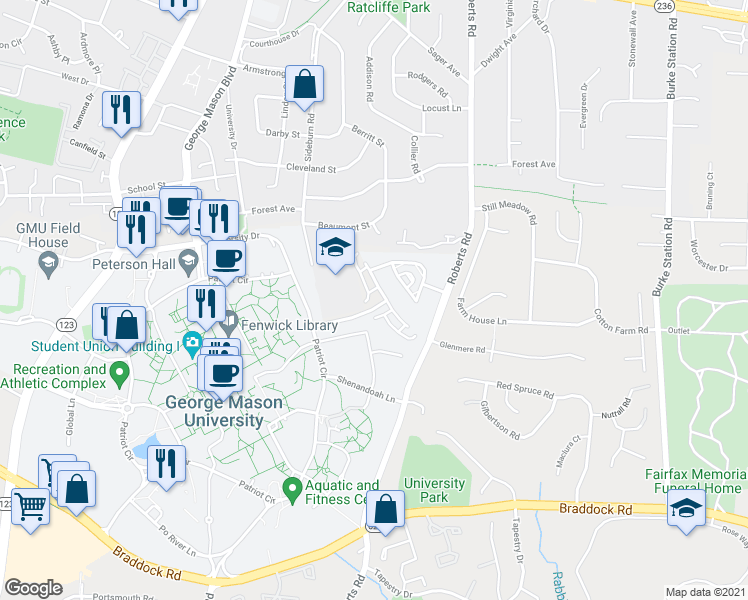 map of restaurants, bars, coffee shops, grocery stores, and more near 10233 Evesham Lane in Fairfax