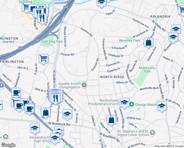 map of restaurants, bars, coffee shops, grocery stores, and more near 3213 Gunston Road in Alexandria
