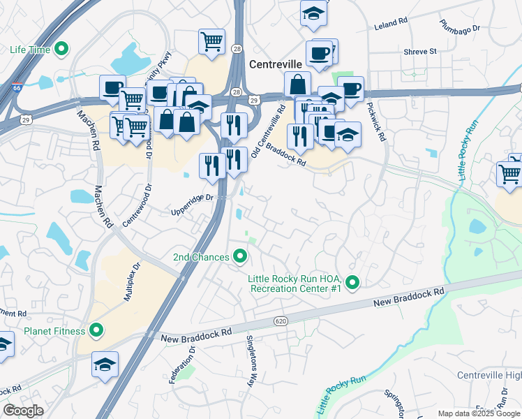 map of restaurants, bars, coffee shops, grocery stores, and more near 13971 Sawteeth Way in Centreville
