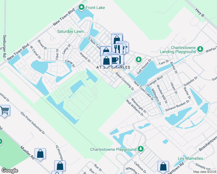 map of restaurants, bars, coffee shops, grocery stores, and more near 3201 South Civic Green Way in Saint Charles