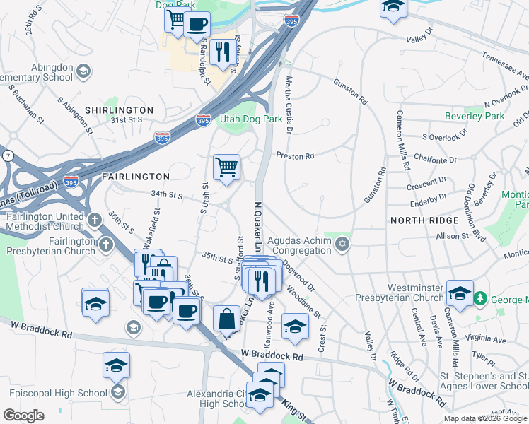 map of restaurants, bars, coffee shops, grocery stores, and more near 1801 North Quaker Lane in Alexandria