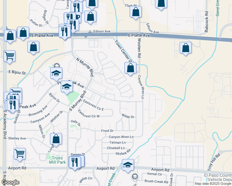 map of restaurants, bars, coffee shops, grocery stores, and more near 64 Stovel Circle in Colorado Springs