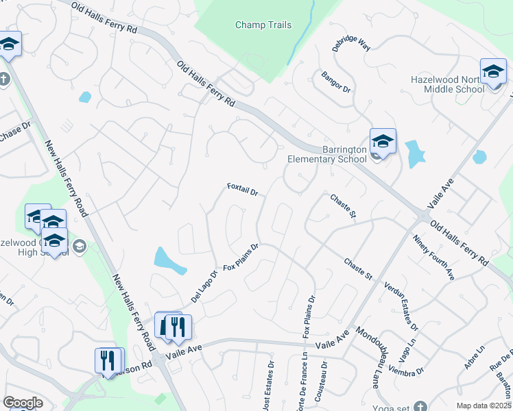 map of restaurants, bars, coffee shops, grocery stores, and more near 4146 Fox Crossing Drive in Florissant