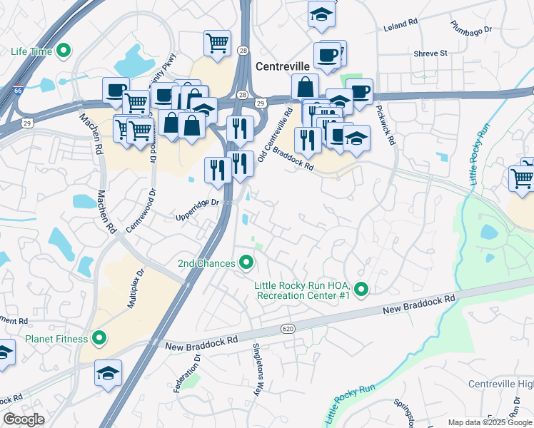 map of restaurants, bars, coffee shops, grocery stores, and more near 13971 Sawteeth Way in Centreville