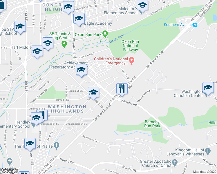 map of restaurants, bars, coffee shops, grocery stores, and more near 1360 Barnaby Terrace Southeast in Washington