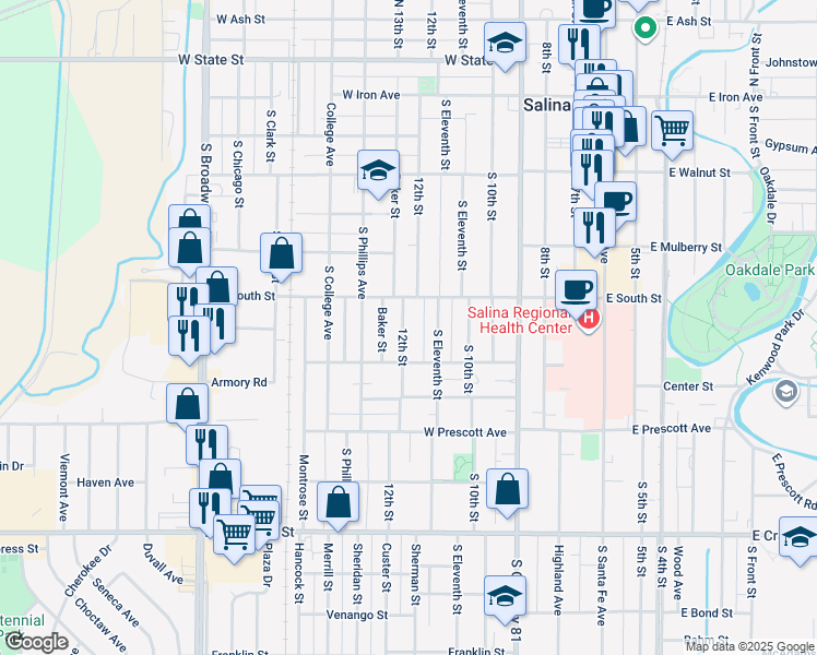 map of restaurants, bars, coffee shops, grocery stores, and more near 421 12th Street in Salina