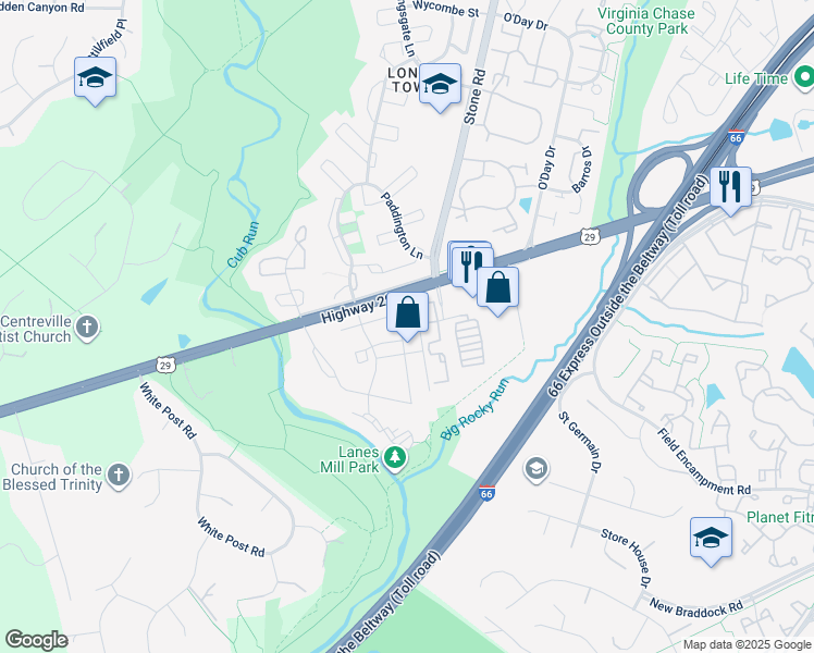 map of restaurants, bars, coffee shops, grocery stores, and more near 6423 McCoy Road in Centreville