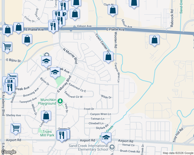 map of restaurants, bars, coffee shops, grocery stores, and more near 64 Stovel Circle in Colorado Springs