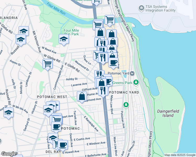 map of restaurants, bars, coffee shops, grocery stores, and more near 351 Wesmond Drive in Alexandria