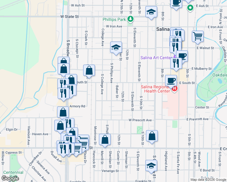 map of restaurants, bars, coffee shops, grocery stores, and more near 419 S Phillips Ave in Salina