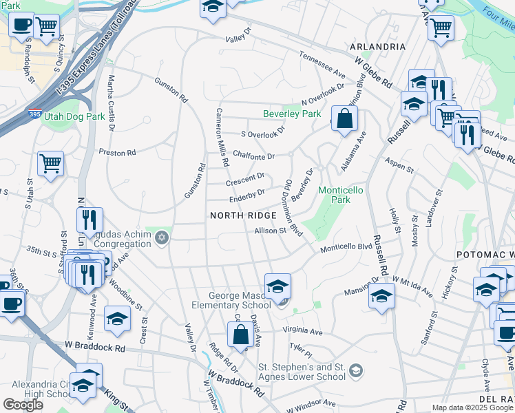 map of restaurants, bars, coffee shops, grocery stores, and more near 805 Beverley Drive in Alexandria