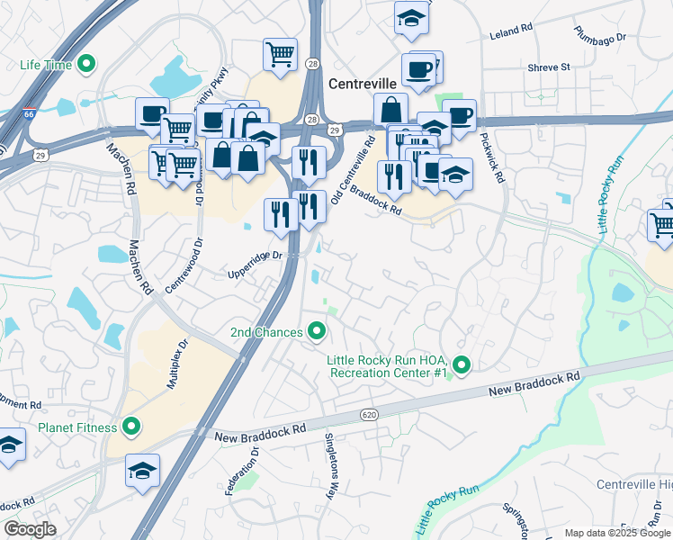 map of restaurants, bars, coffee shops, grocery stores, and more near 14018 Gill Brook Lane in Centreville