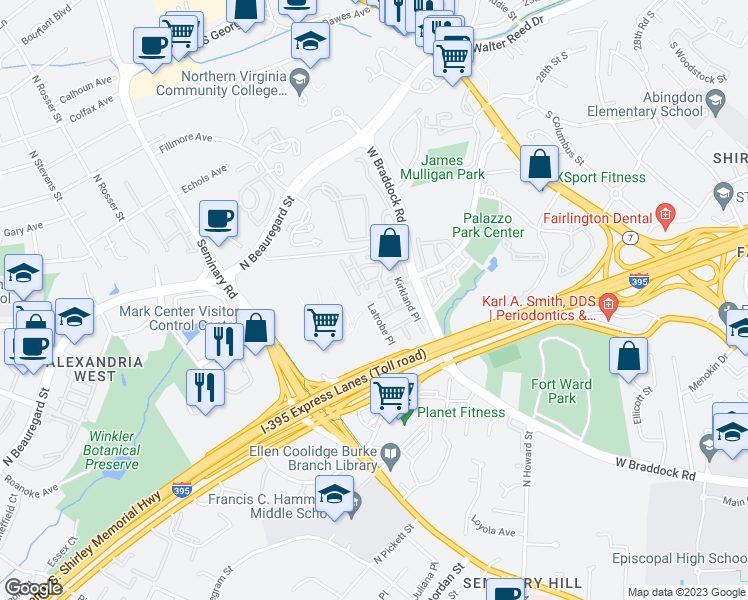 map of restaurants, bars, coffee shops, grocery stores, and more near 4649 Latrobe Place in Alexandria