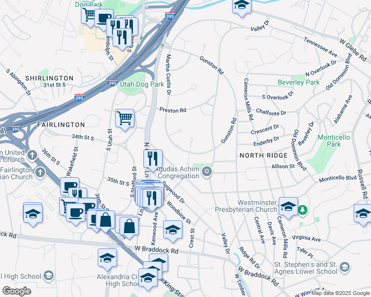 map of restaurants, bars, coffee shops, grocery stores, and more near 3157 Martha Custis Drive in Alexandria