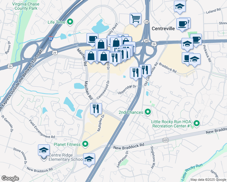 map of restaurants, bars, coffee shops, grocery stores, and more near 6114 Jenlar Drive in Centreville