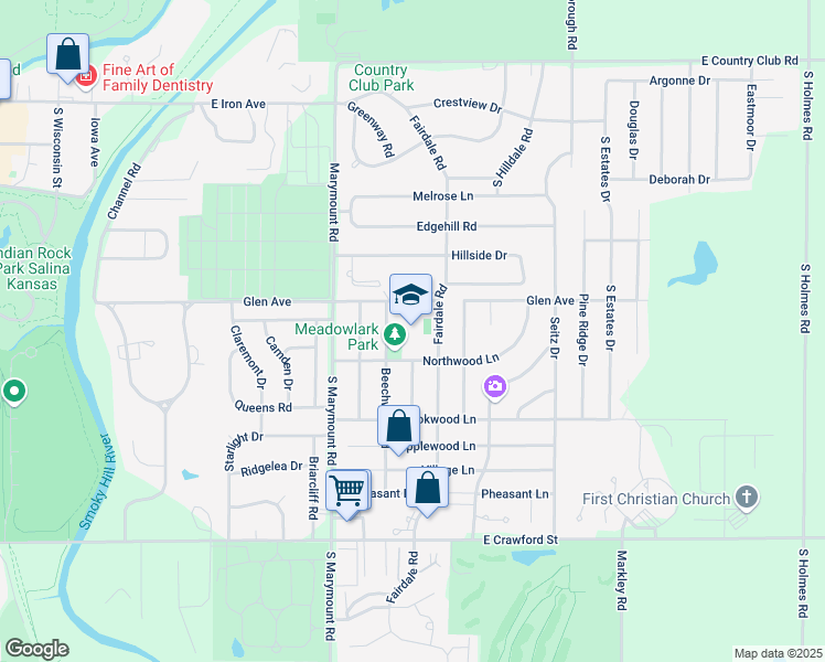 map of restaurants, bars, coffee shops, grocery stores, and more near 2200 Glen Avenue in Salina