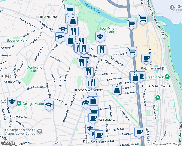 map of restaurants, bars, coffee shops, grocery stores, and more near 3150 Commonwealth Avenue in Alexandria