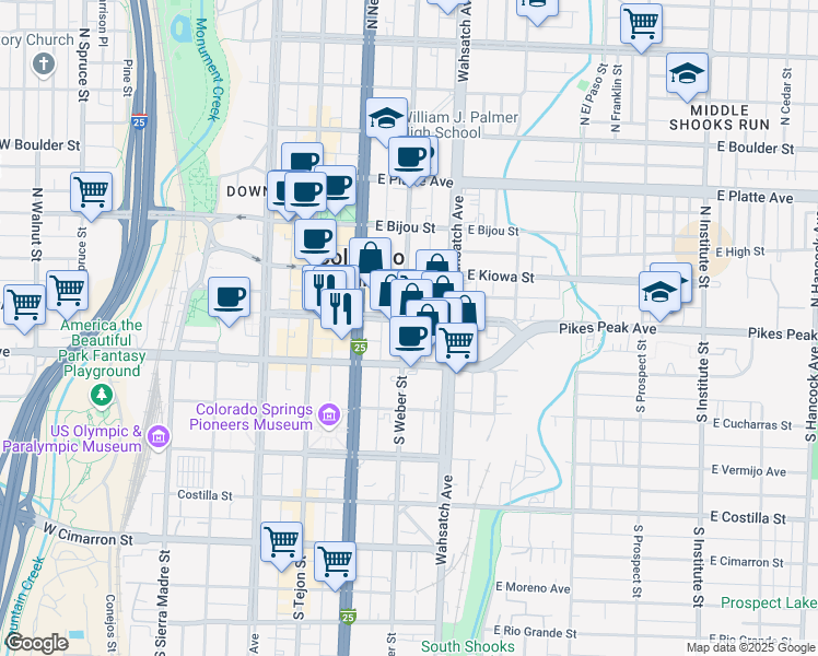 map of restaurants, bars, coffee shops, grocery stores, and more near 229 East Pikes Peak Avenue in Colorado Springs