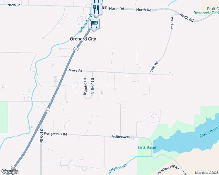 map of restaurants, bars, coffee shops, grocery stores, and more near 12391 Rockhill Road in Orchard City