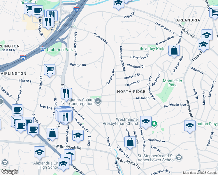 map of restaurants, bars, coffee shops, grocery stores, and more near 3227 Gunston Road in Alexandria