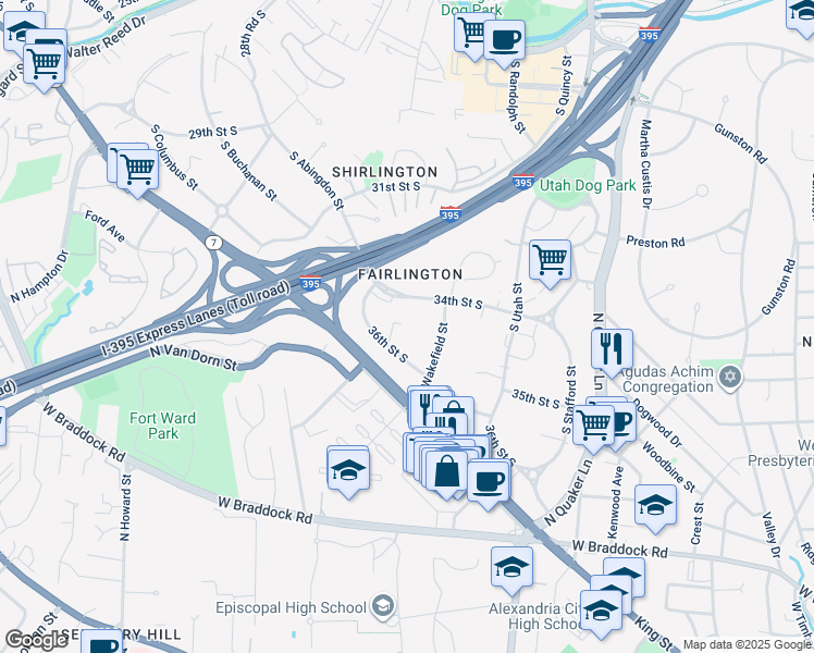 map of restaurants, bars, coffee shops, grocery stores, and more near 4684 34th Street South in Arlington
