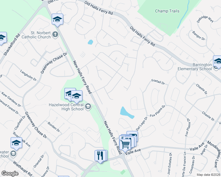 map of restaurants, bars, coffee shops, grocery stores, and more near 960 Mercy Drive in Florissant