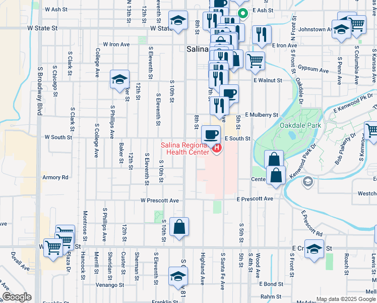 map of restaurants, bars, coffee shops, grocery stores, and more near 421 South 9th Street in Salina