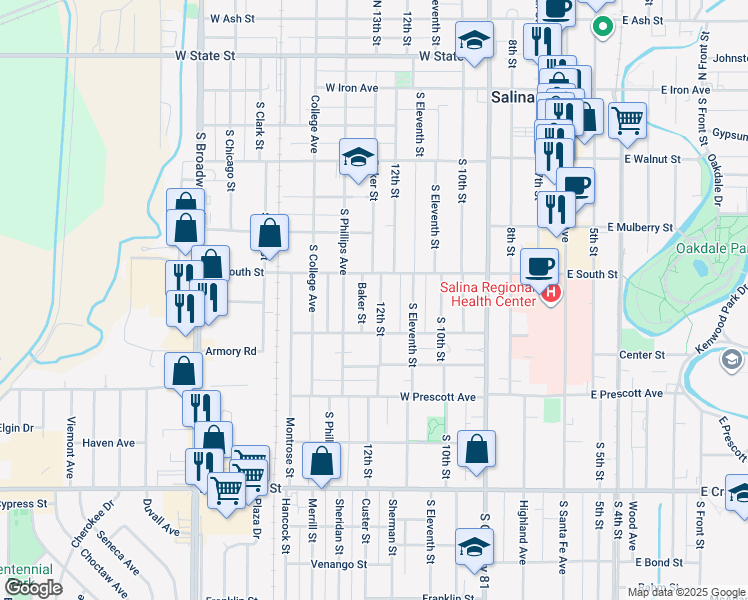 map of restaurants, bars, coffee shops, grocery stores, and more near 421 12th Street in Salina