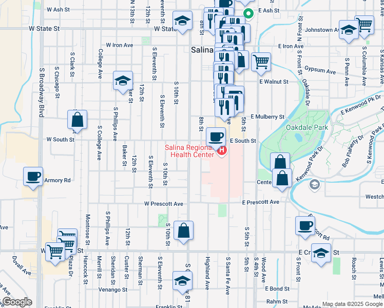 map of restaurants, bars, coffee shops, grocery stores, and more near 423 South 9th Street in Salina