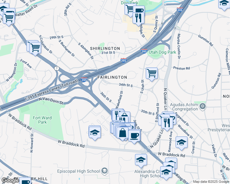 map of restaurants, bars, coffee shops, grocery stores, and more near 3438 South Wakefield Street in Arlington
