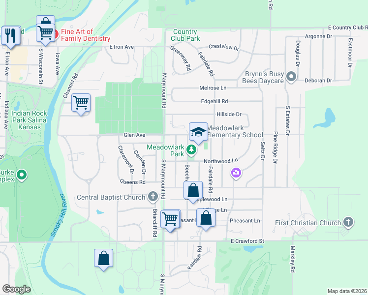 map of restaurants, bars, coffee shops, grocery stores, and more near 401-485 Beechwood Rd in Salina